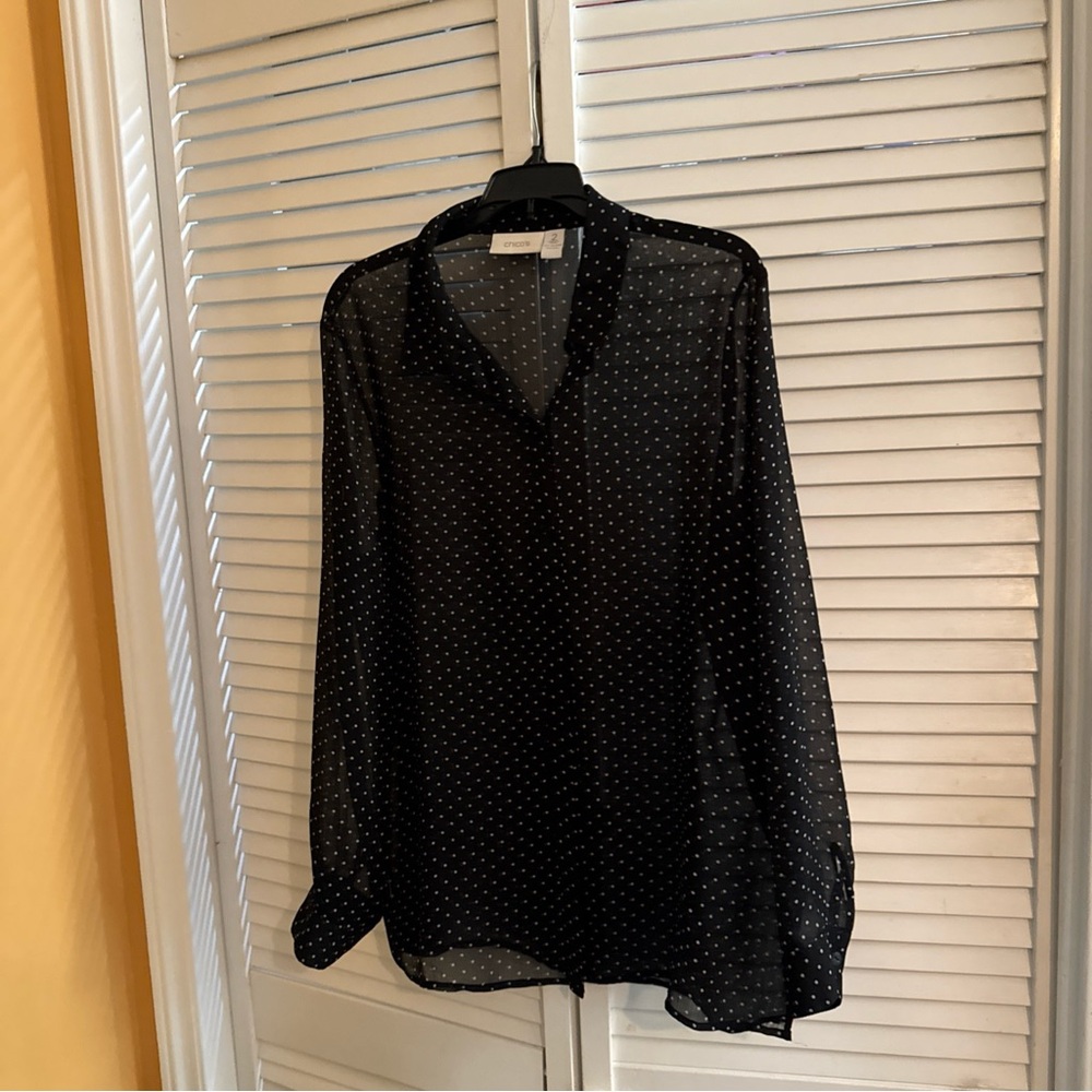 Chico's Sheer Black Blouse with Taupe Polkq Dots
